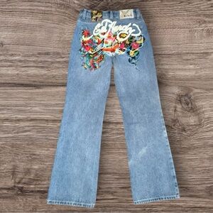 Ed Hardy Jeans Womens 26 Straight Leg Tattoo Graphic Koi Dragon Back NWT